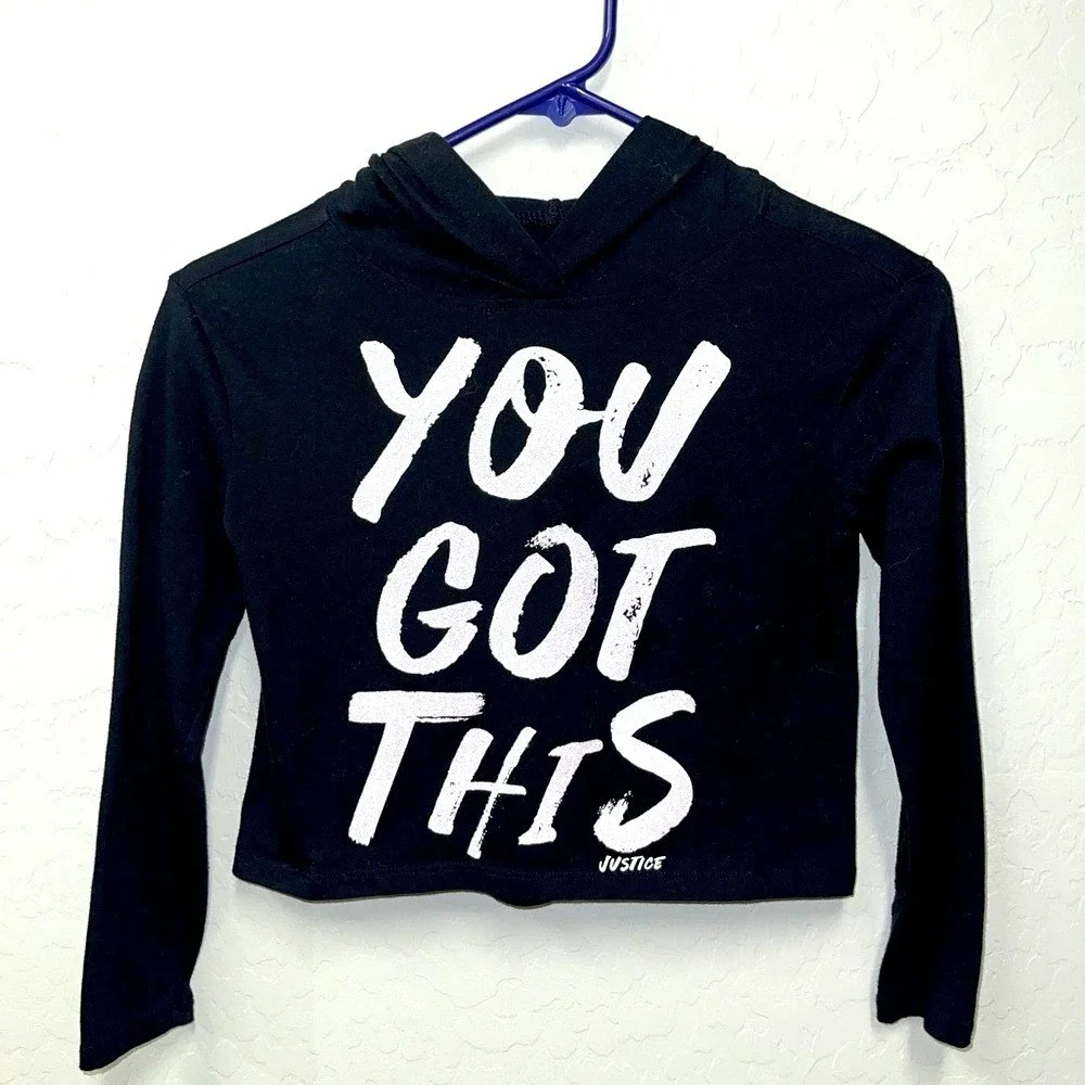 Justice Black Long Sleeve Crop Hoodie You Got This Girls Size 6 7